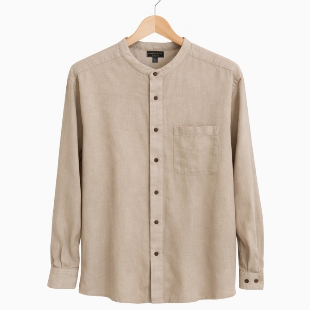 Club Room Tan Mens Mandarin Collar Cotton Textured Weave Button Up Sz 16.5